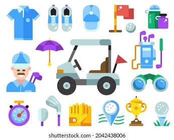 Golf equipment, clothes and gear collection. Golfing elements in flat design including golf club, ball, golfer, bag, umbrella and other accessories.