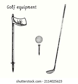 Recogida de equipos de golf. Bandera, pelota y tee, club. Dibujo de doodle en blanco y negro con tinta de madera.