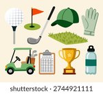 Golf equipment collection in flat style for sports theme. Perfect for icon set, poster, and branding.