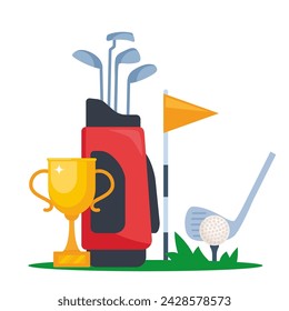 Golf equipment composition.. Professional items to play the sport, clothing and accessories. Golf bag, ball, hole, course, cup, club. Vector illustration