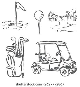 equipamento de golfe e campo de golfe vetor ícone esboço com um design de estilo vintage muito único, mas muito elegante