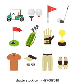 Golf Equipment Flat Design Style Set for Mobile and Web App. Vector illustration of Sport Game for golf's club or banner. Vector illustration of golfing icon set