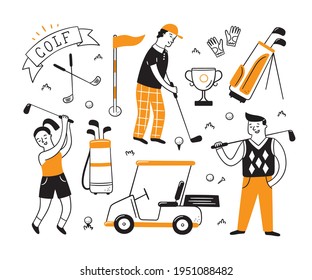 Golf Equipment And Golfers In Doodle Style. Club, Ball, Bag And Golf Cart. Hand Drawn Vector Illustration On White Background