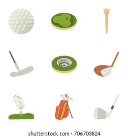 Golf equipment icons set. Cartoon set of 9 golf equipment vector icons for web isolated on white background