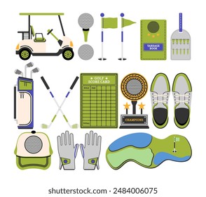 Golf equipment icons set on white background, golf elements illustration collection set.