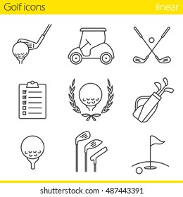 Golf equipment linear icons set. Ball on tee, golf cart, clubs, golfer's checklist, championship symbol, bag, course, flagstick in hole. Thin line. Isolated vector illustrations