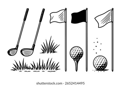 Golf Equipment Outline Set Golf Clubs Flag Ball Tee Course Sport Recreation