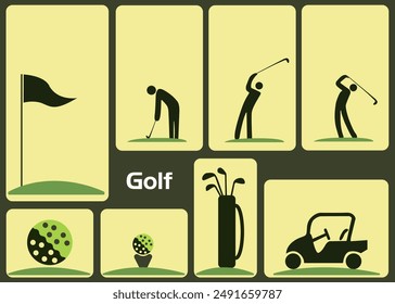 golf equipment, player in golf ground, people playing  silhouette on isolated background, A set of golfer sports people playing golf in various poses