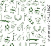 Golf equipment seamless pattern icons sports gear for game. Golfer hits ball on golf course. Golf player, bags, putter, golfer, ball, hole, course, gloves. Vector isolated on background