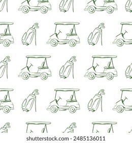 Golf equipment seamless pattern icons sports gear for game. Golfer hits ball on golf course. Golf player, bags, putter, golfer, ball, hole, course, gloves. Vector isolated on background