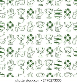 Golf equipment seamless pattern icons sports gear for game. Golfer hits ball on golf course. Golf player, bags, putter, golfer, ball, hole, course, gloves. Vector isolated on background