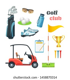 Golf equipment set logo icons sports gear for game. Accessories for golfing, sport game golf bags, putter, ball, hole, course, cup, car. Icons for golf club, championship, design flat vector