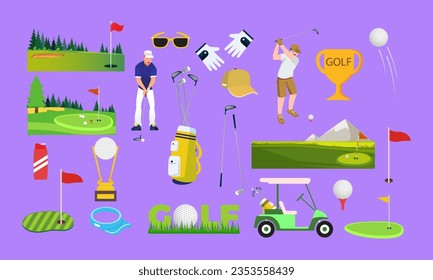 Golf equipment set logo icons sports gear for game. Golfer wearing light shirt hits ball on golf course. Golf player, bags, putter, golfer, ball, hole, course, gloves, shirt, cup, car vector flat