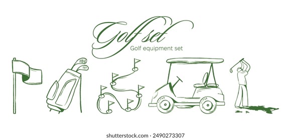 Golf equipment set logo icons sports gear for game. Golfer hits ball on golf course. Golf player, bags, putter, golfer, ball, hole, course, gloves. Vector illustration isolated on background