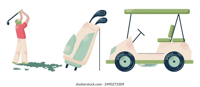 Golf equipment set logo icons sports gear for game. Golfer hits ball on golf course. Golf player, bags, putter, golfer, ball, hole, course, gloves. Vector illustration isolated on background