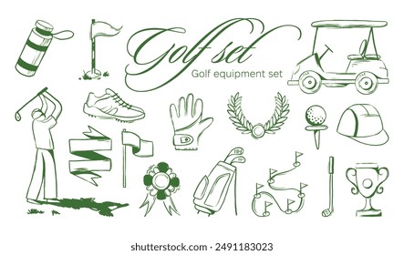 Golf equipment set logo icons sports gear for game. Golfer hits ball on golf course. Golf player, bags, putter, golfer, ball, hole, course, gloves. Vector illustration isolated on background