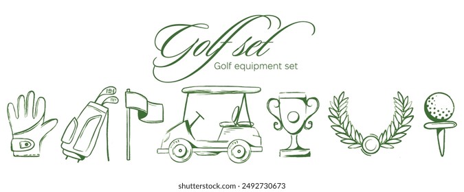 Golf equipment set logo icons sports gear for game. Golfer hits ball on golf course. Golf player, bags, putter, golfer, ball, hole, course, gloves. Vector illustration isolated on background