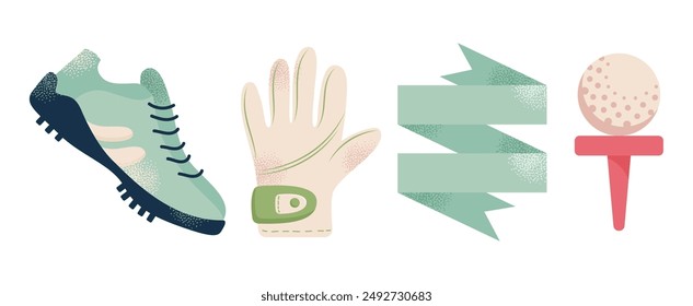 Equipo de golf set logo iconos de equipo deportivo para el juego. Golfista golpea la pelota en el campo de golf. Jugador de golf, bolsas, putter, golfista, bola, hoyo, campo, guantes. Ilustración vectorial aislada en el fondo