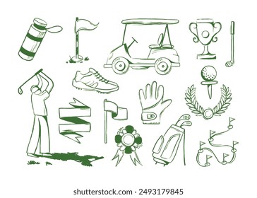 Golfausrüstung Set Logo Icons Sportausrüstung für Spiel. Golfer trifft Ball auf Golfplatz. Golfspieler, Taschen, Putter, Golfer, Ball, Loch, Platz, Handschuhe. Vektorillustration isoliert auf Hintergrund