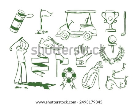 Golf equipment set logo icons sports gear for game. Golfer hits ball on golf course. Golf player, bags, putter, golfer, ball, hole, course, gloves. Vector illustration isolated on background