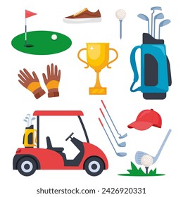 Golf equipment set. Professional items to play the sport, clothing and accessories. Golf player, bag, putter, golfer, ball, hole, course, gloves, shirt, cup, car. Vector illustration