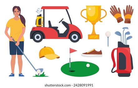 Golf equipment set. Professional items to play the sport, clothing and accessories. Golf player, bag, putter, golfer, ball, hole, course, gloves, shirt, cup, car. Vector illustration