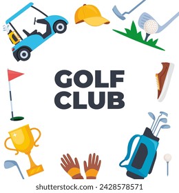 Equipo de golf. Artículos profesionales para jugar al deporte, ropa y accesorios. Jugador de golf, bolsa, putter, golfista, bola, agujero, campo, guantes, camisa, copa, coche. Ilustración de vector