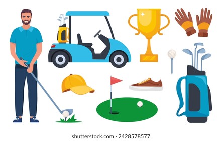 Golf equipment set. Professional items to play the sport, clothing and accessories. Golf player, bag, putter, golfer, ball, hole, course, gloves, shirt, cup, car. Vector illustration