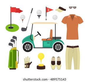 Golf Equipment Set. Sport Game. Flat Design Style for golf's club or banner. Vector illustration of golfing icon set