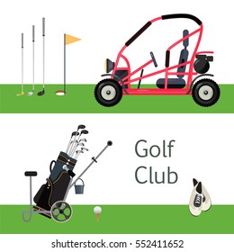 Golf Equipment Set. Sport Game. Flat Design Style . Vector