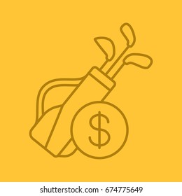 Golf equipment shop linear icon. Golf bag with clubs and dollar sign. Thin line outline symbols on color background. Vector illustration
