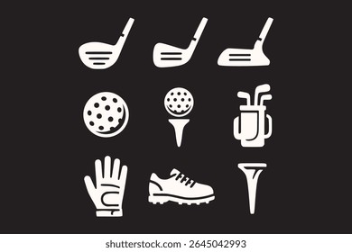 golf equipment silhouette icon set in retro style. golfing gear elements for sport design. hand-drawn golf club and accessories including golf driver, iron, putter, ball, tee, bag, glove, and shoes