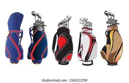 Golf equipment vector illustration consisting of golf bags, golf clubs, umbrellas.