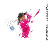 Golf, female golfer logo, isolated low polygonal vector illustration, geometric drawing from triangles. Golf swing. Young active woman