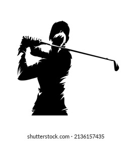 Golf, female golfer logo, isolated vector silhouette, ink drawing. Golf swing. Young active woman, rear view
