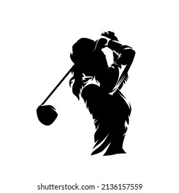 Golf, female golfer logo, isolated vector silhouette, ink drawing. Golf swing. Young active woman