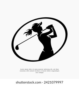 Golf, logotipo de golfista femenino, silueta vectorial aislada.