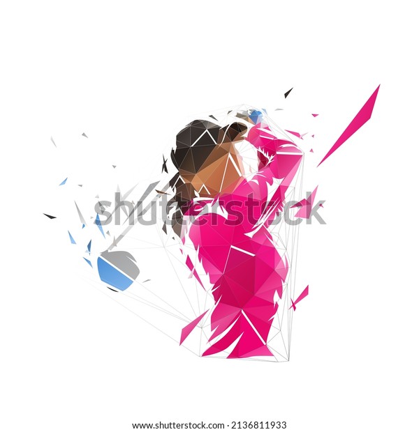 Golf, female golfer logo, isolated low polygonal\
vector illustration, geometric drawing from triangles. Golf swing.\
Young active woman