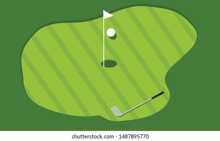 Golf field with a ball and a golf club