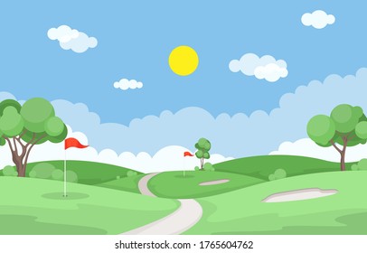 Golf Field Flag Green Grass Tree  Outdoor Sport Landscape