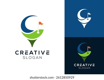 Golf field with green area and lake abstract logo design