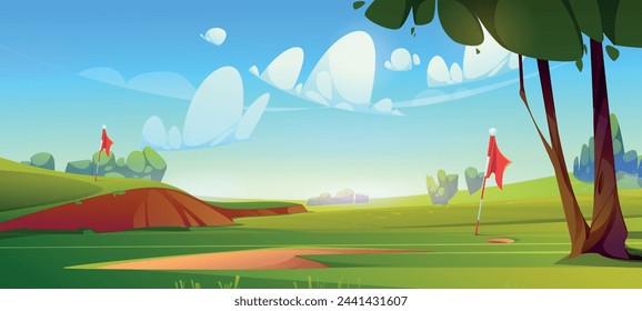 Golf field with green grass, sand bunker, hole for ball and flags on sunny day with clouds on blue sky. Cartoon vector illustration golfclub lawn landscape for championship and course design.