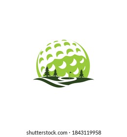 Golf field logo vector. With flag in hills of outdoor land field. Golf sport business icon, for golfer club & community favorite spot place illustration, hobby activity, focusing professional training