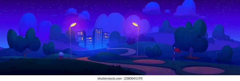 Campo de golf en la noche con linternas, bola y pin de bandera cerca del agujero. Paisaje de la tarde del Vector de la historieta de las colinas del curso con la hierba y la arena contra el fondo de la ciudad con los edificios multistorey.