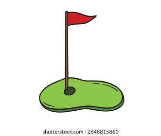 Golf field with red flag and green grass in cartoon style. Vector illustration