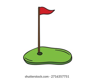 Campo de golf con bandera roja y hierba verde en estilo de dibujos animados. Ilustración vectorial