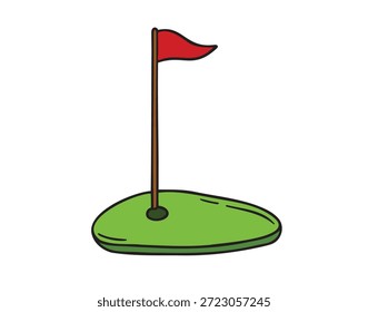 Campo de golf con bandera roja y hierba verde en estilo de dibujos animados. Ilustración vectorial