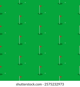 Golf field with red flag points, holes and balls seamless pattern background. Backdrop texture for golf sport theme.