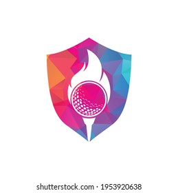 Golf Fire shield shape concept Logo Template Design Vector. Fire and golf ball logo design icon.