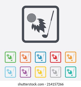 Golf fireball with club sign icon. Sport symbol. Round squares buttons with frame. Vector